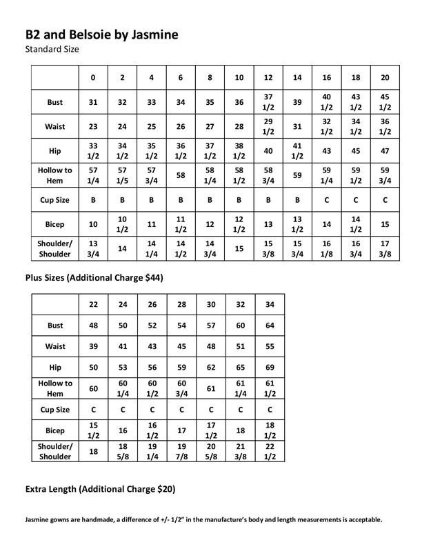 allure couture size chart