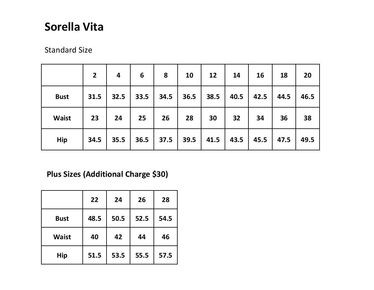 Wedding Dress Measurement Chart