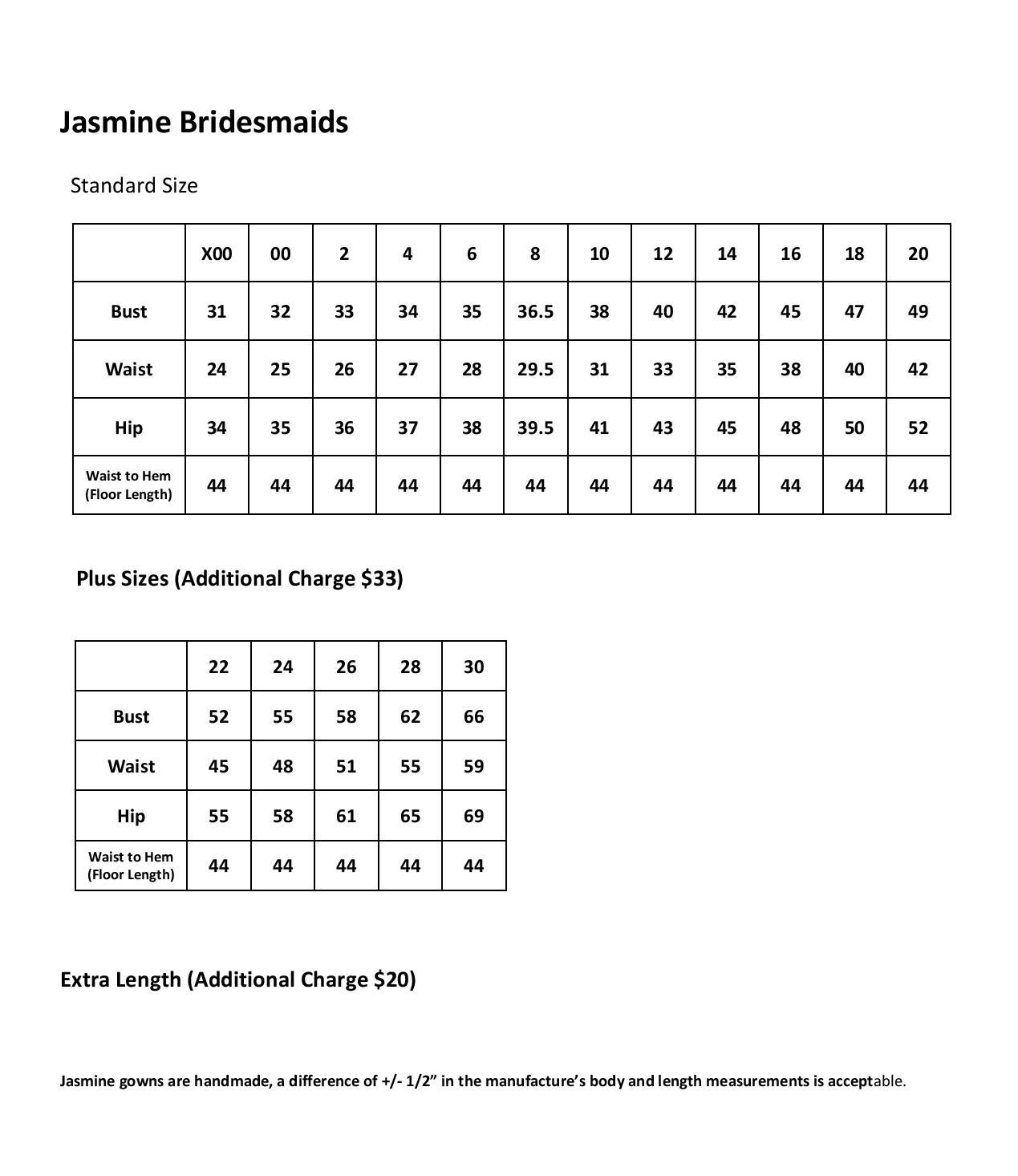 Bonny Bridal Size Chart