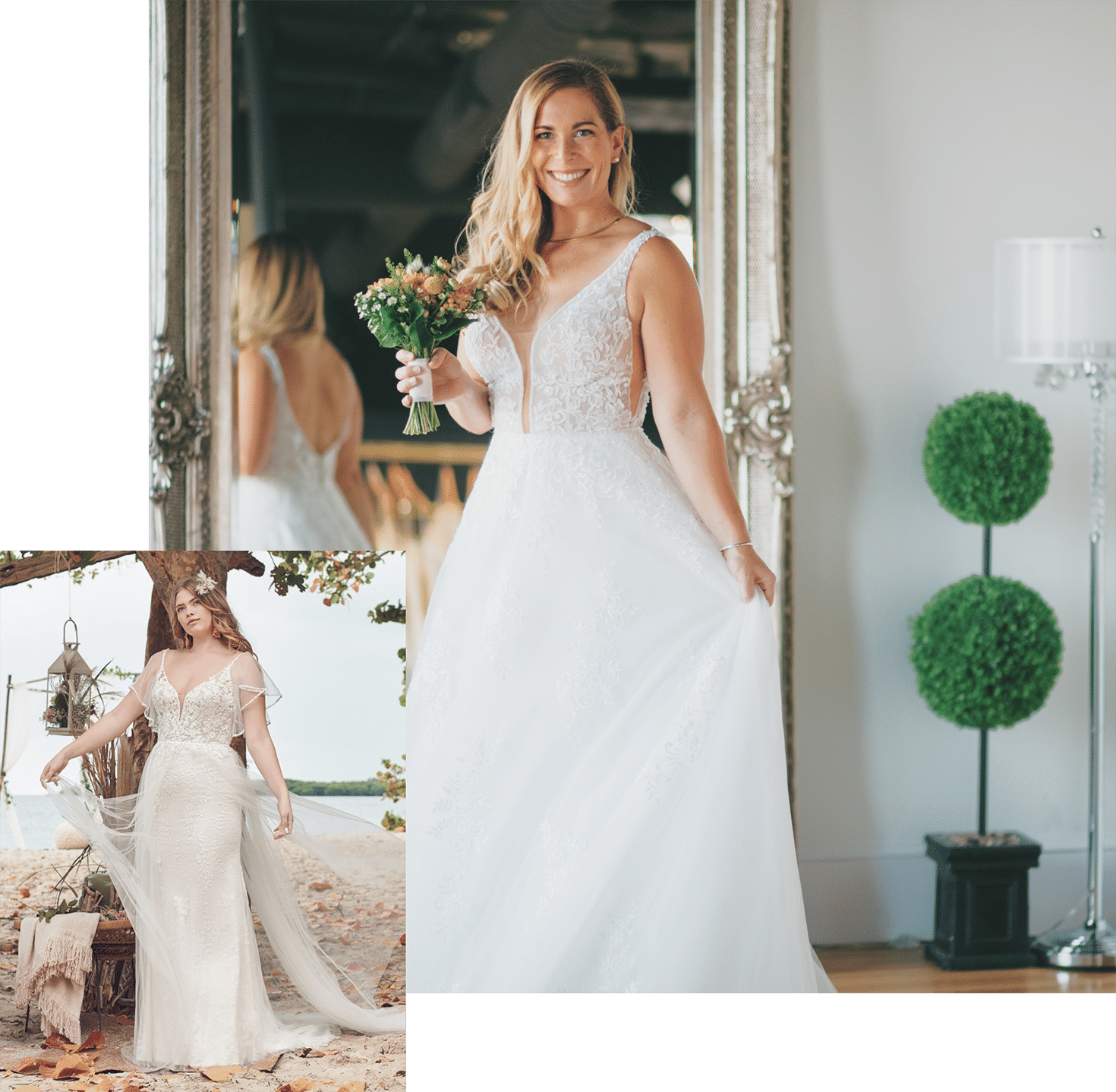 A two photo collage of a bride smiling with flowers.