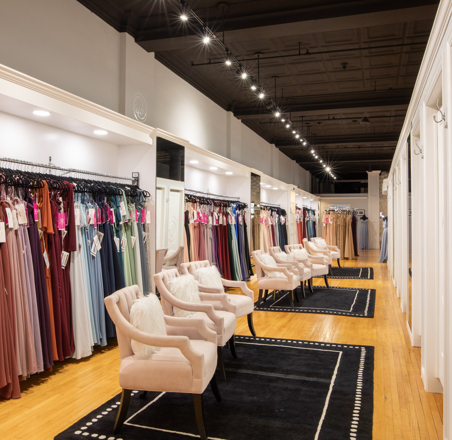 Dresses in a bridal store.