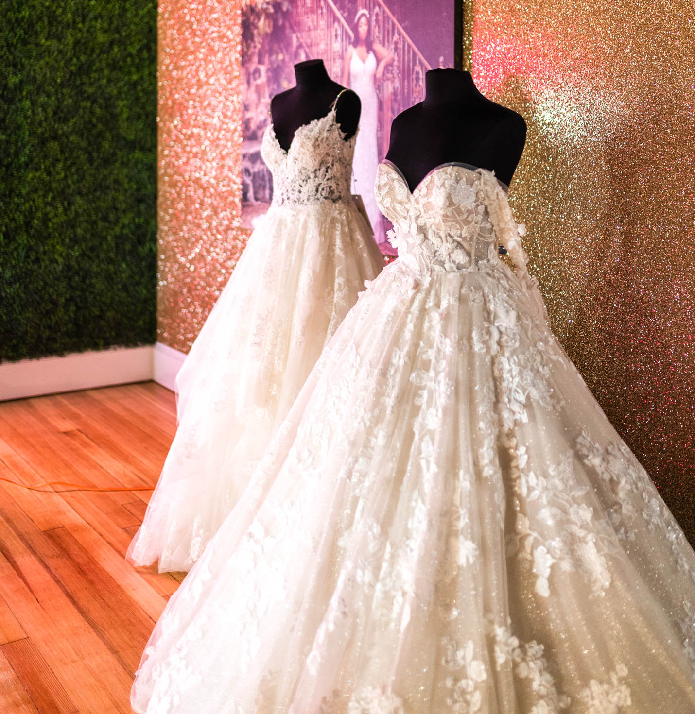 A bride trying on a dress.