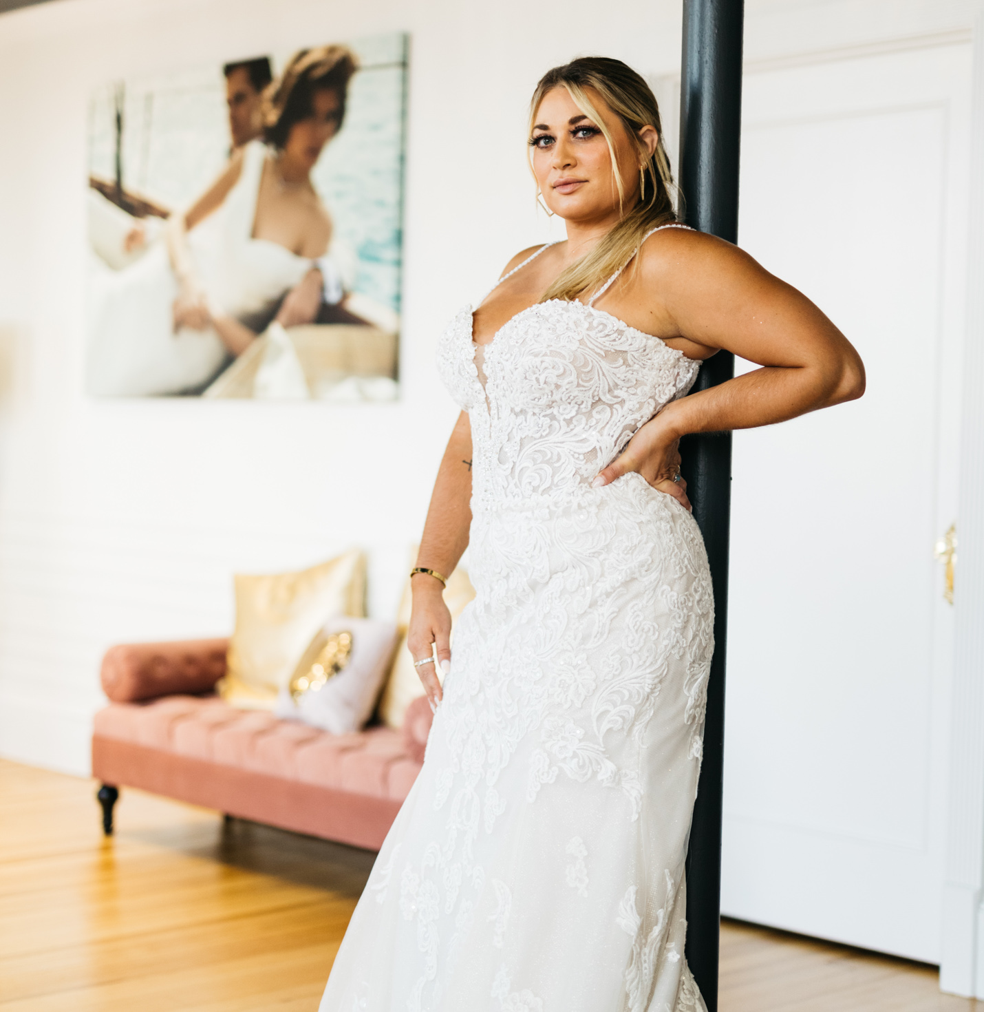 A bride wearing a wedding dress.