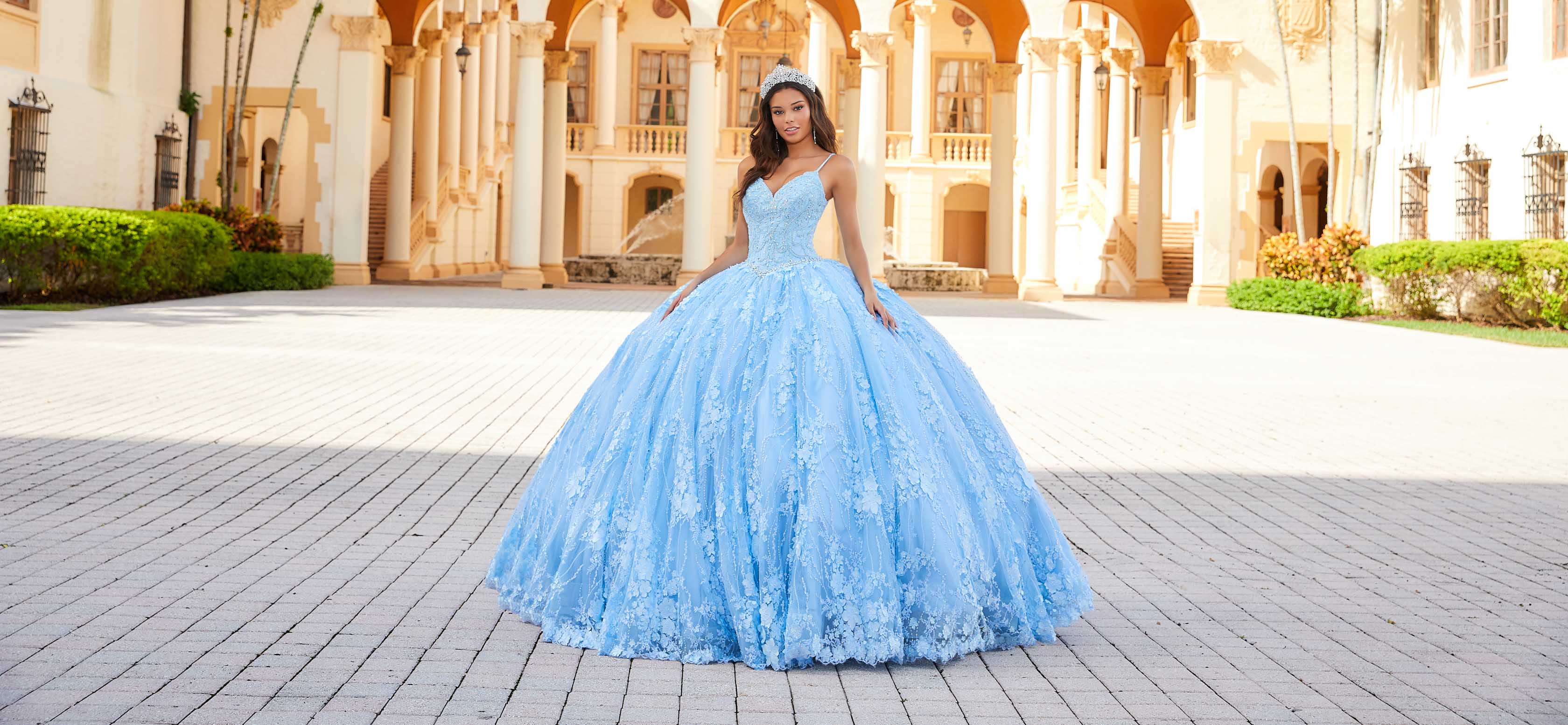 A girl wearing a quince dress.