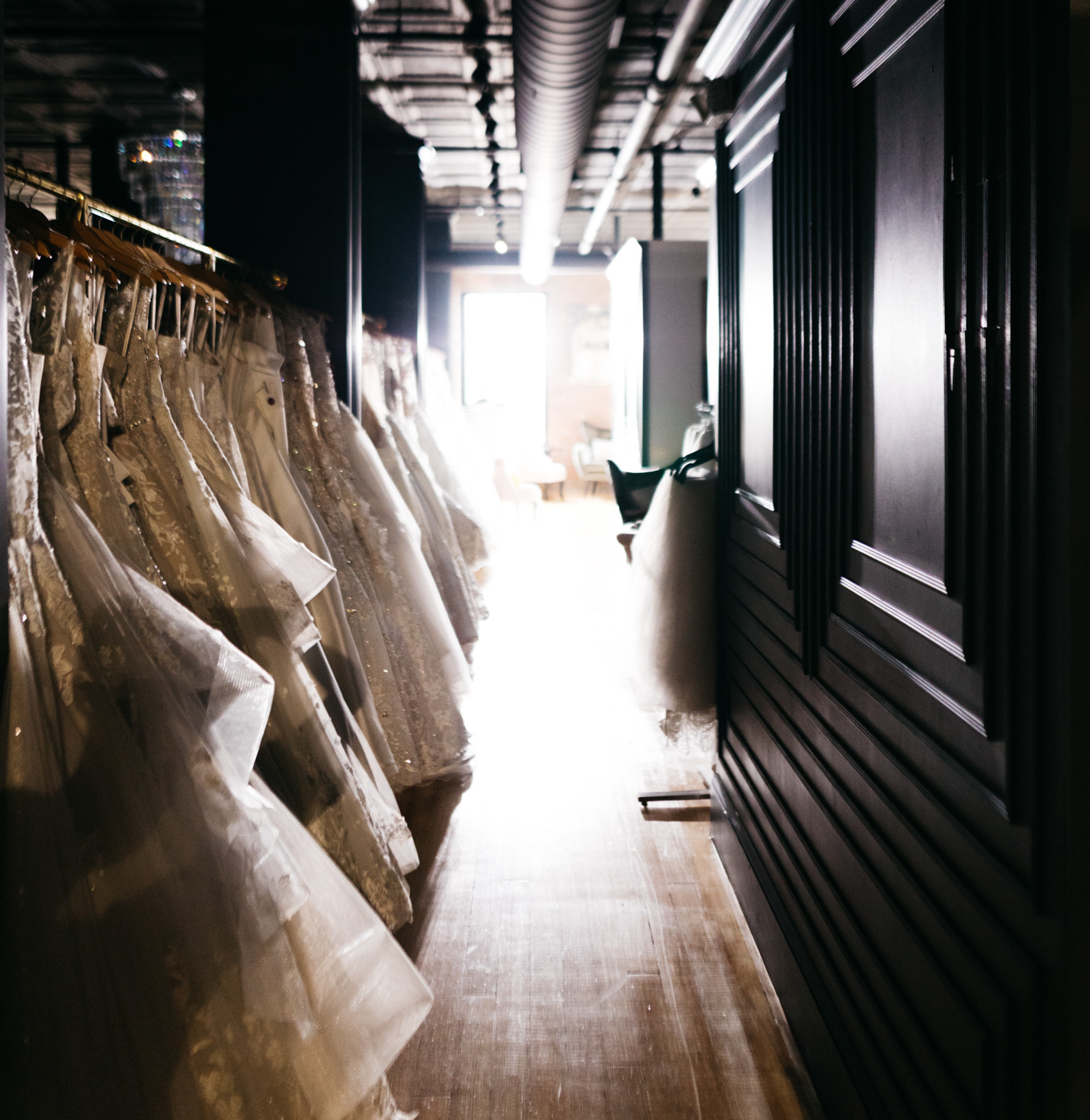 Dresses in a bridal store.