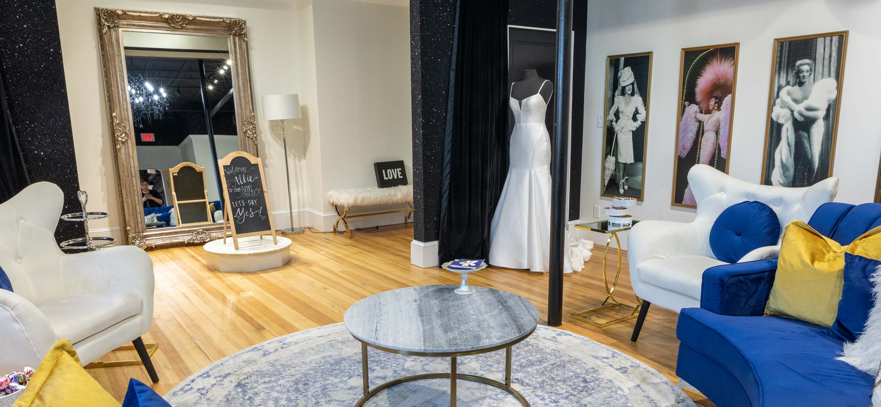 A view of the VIP room at the bridal boutique.