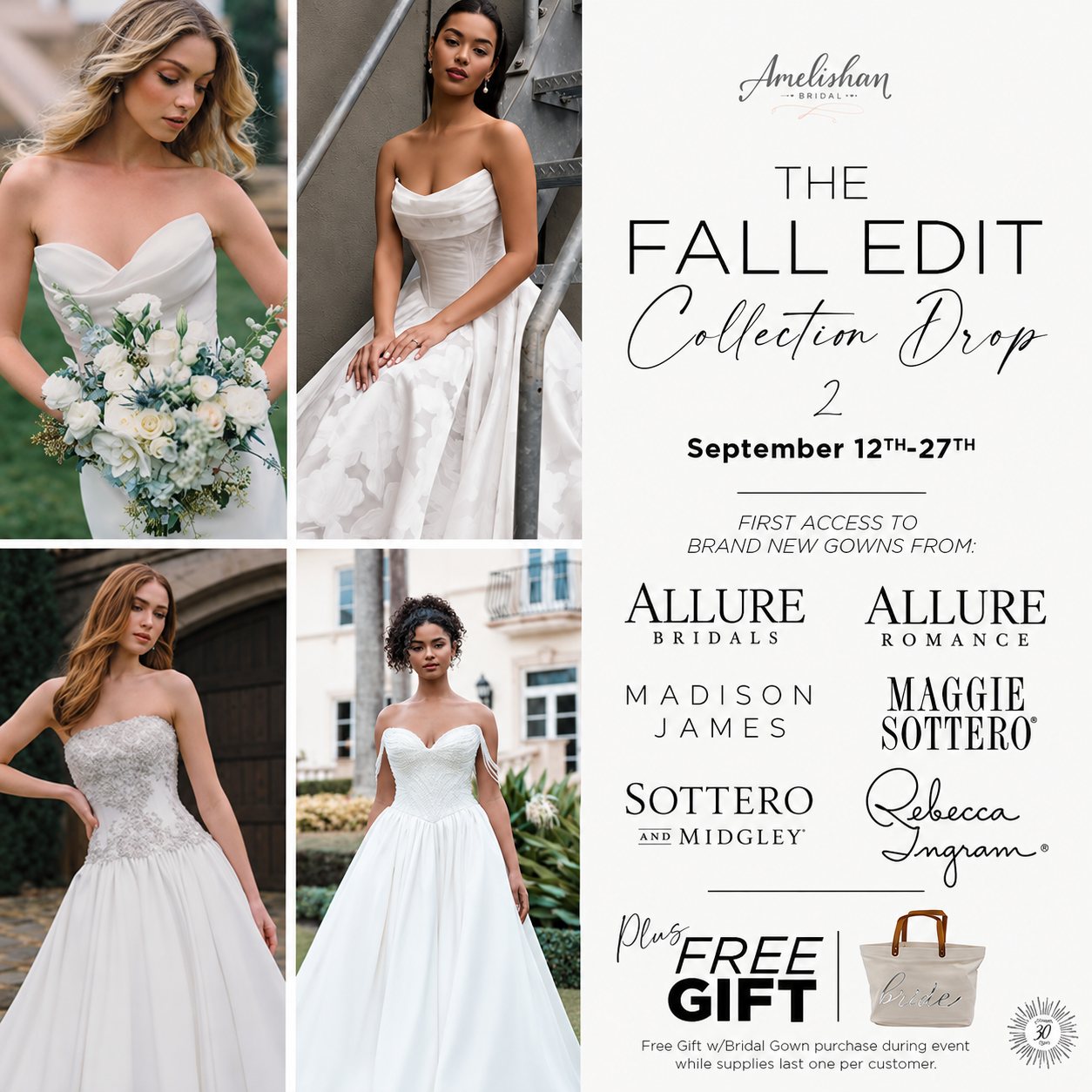 The Fall Edit Collection Drop featuring newly arrived designer wedding gowns at Amelishan Bridal, August 8 through 16