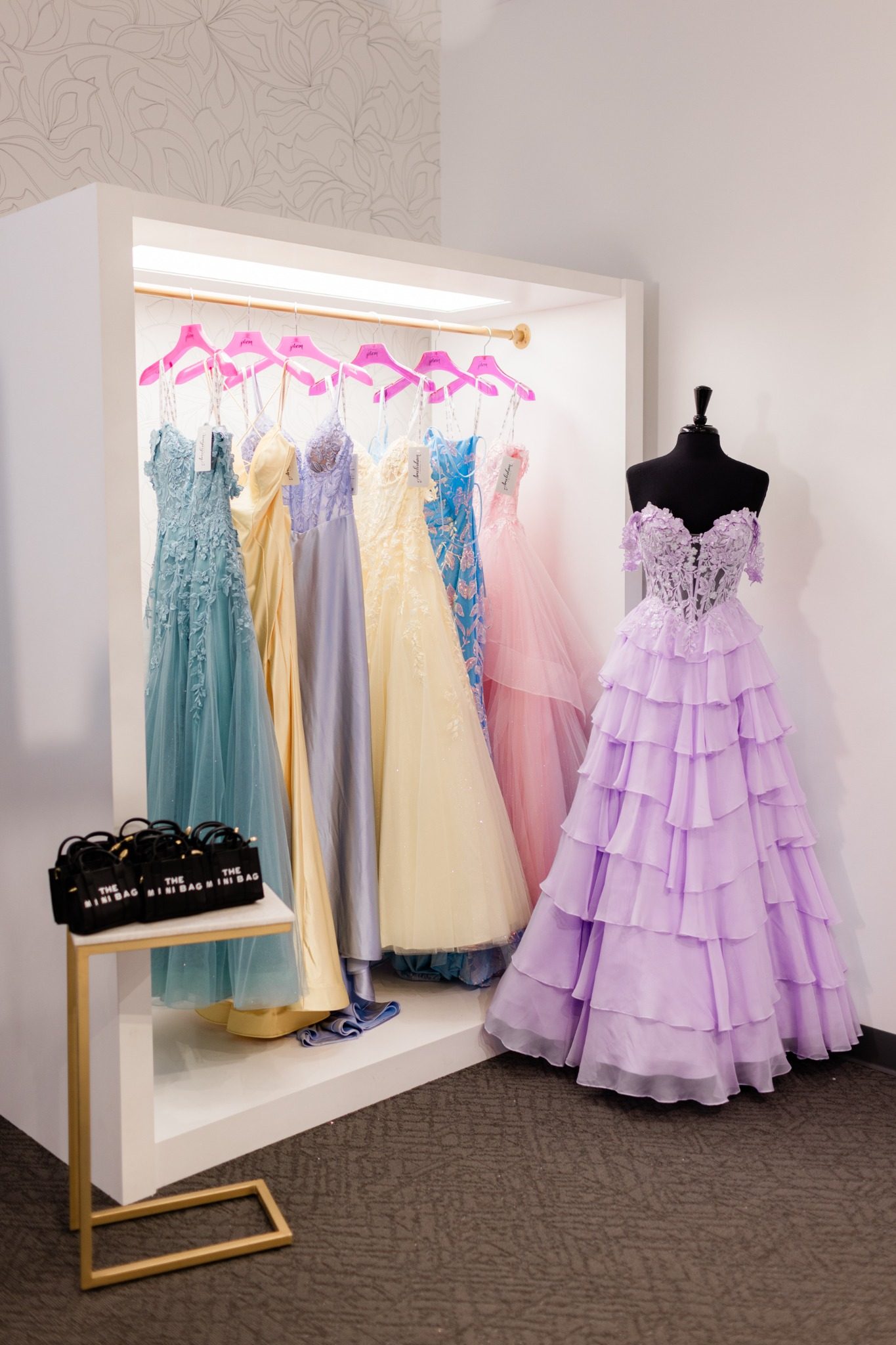 Prom dress display at Amelishan Bridal