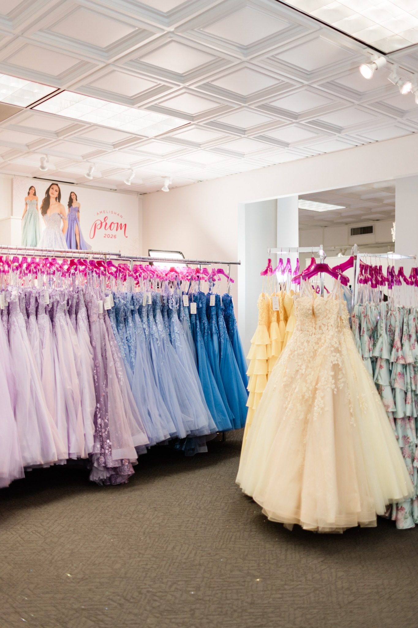 Prom dress racks in the Amelishan Prom showroom